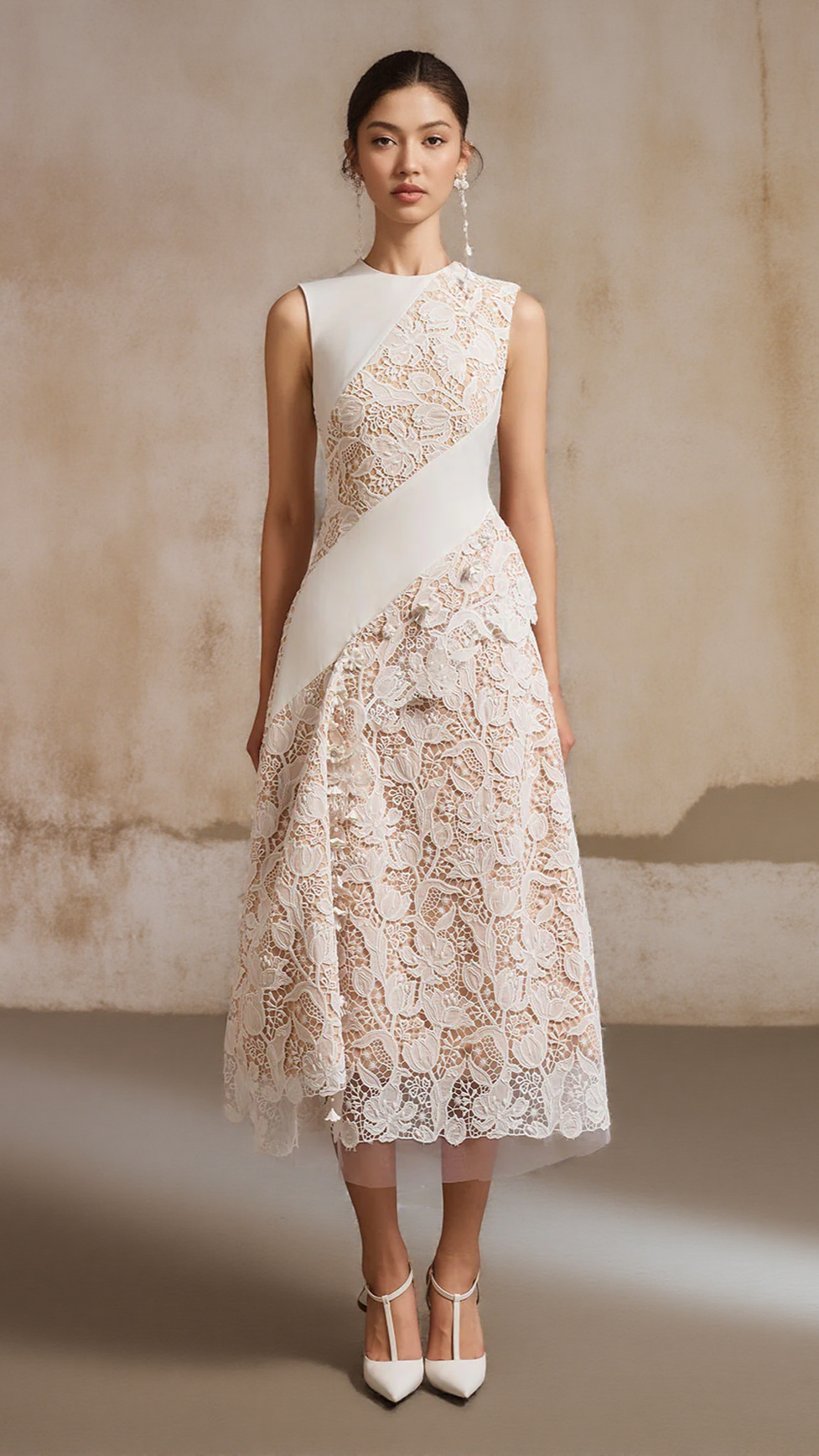 A-LINE JEWEL NECK LACE MIDI DRESS IN WHITE