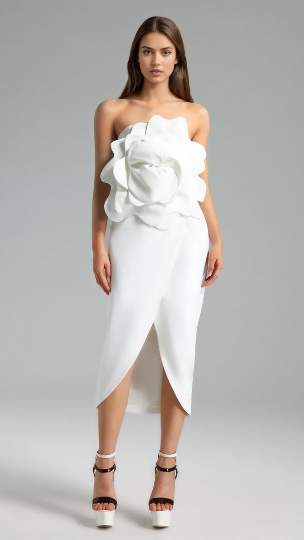 VALERY 3D FLOWER SLIT MIDI DRESS - WHITE