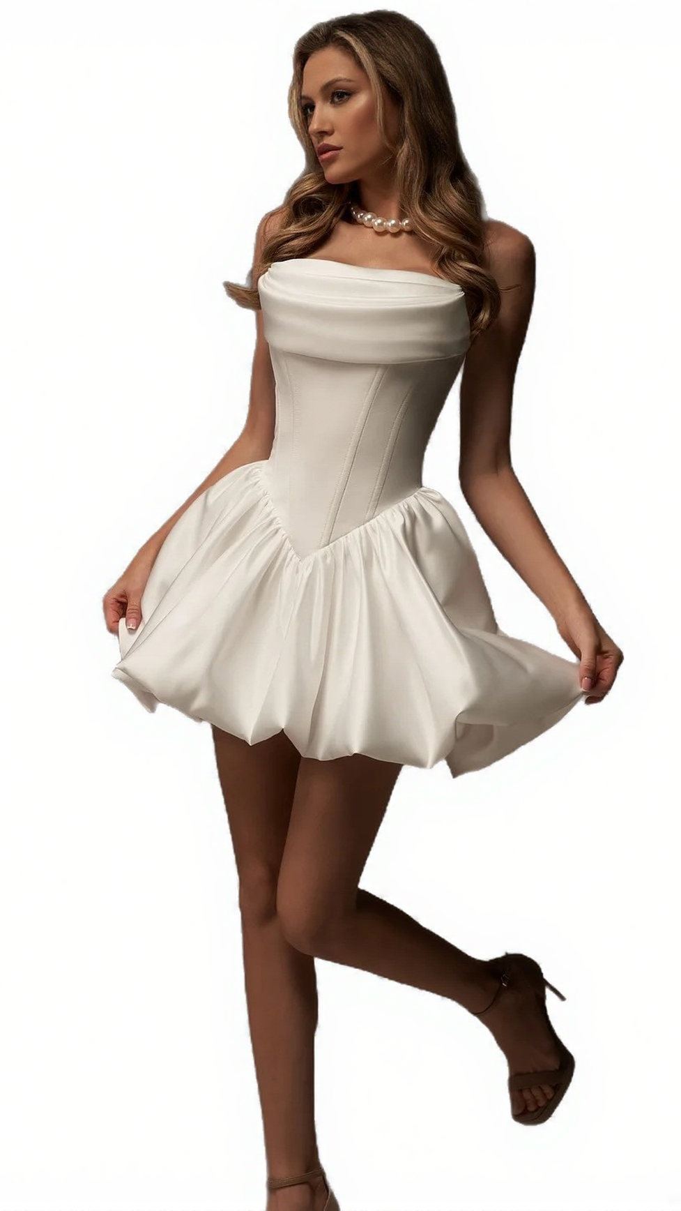 WHITE CORSET BONED SATIN MINI DRESS