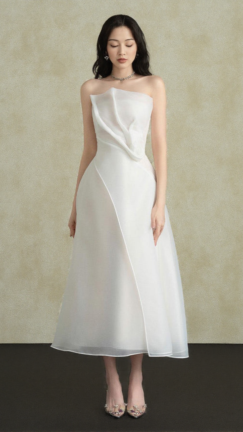 ABITO MIDI IN ORGANZA A STRATI SENZA SPALLINE, BIANCO