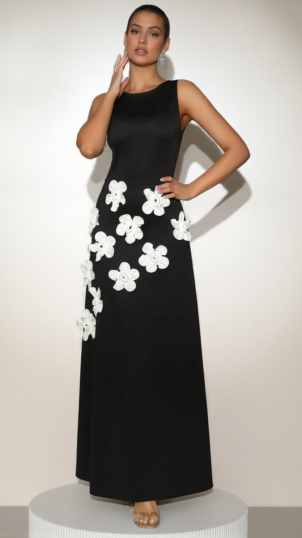 MARCIA 3D FLOWER A-LINE MAXI DRESS IN BLACK