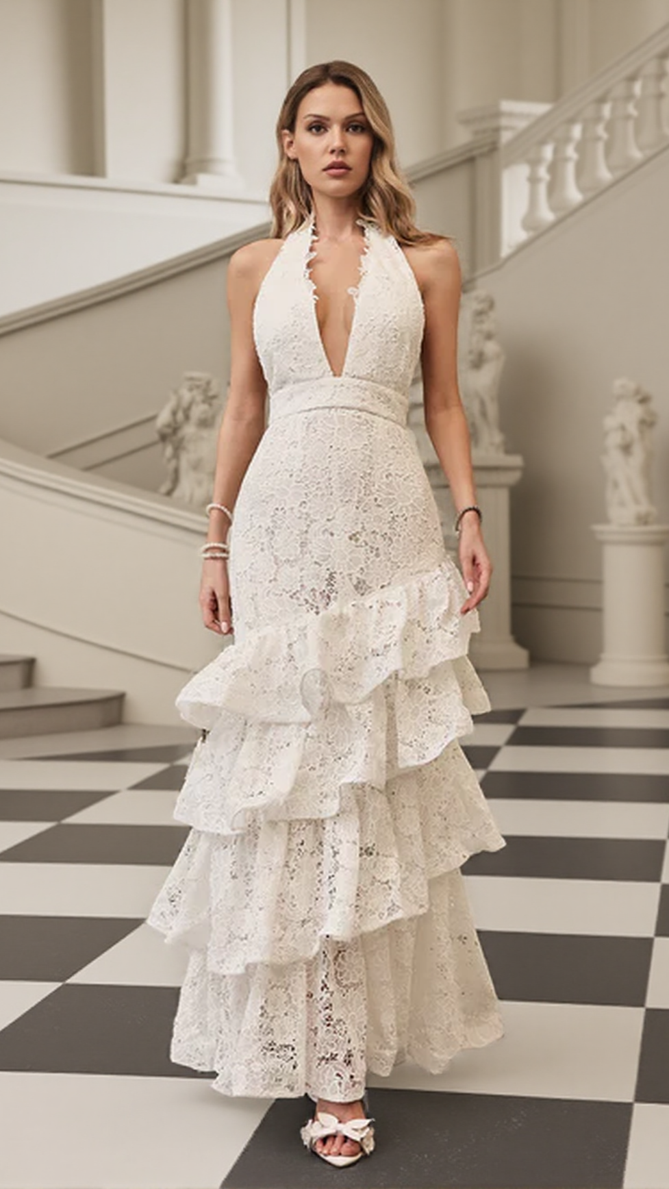 ABITO LUNGO BIANCO NOCCIOLA CON SCOLLO A V PROFONDO, COLLO ALTO, STRATI E VOLANT