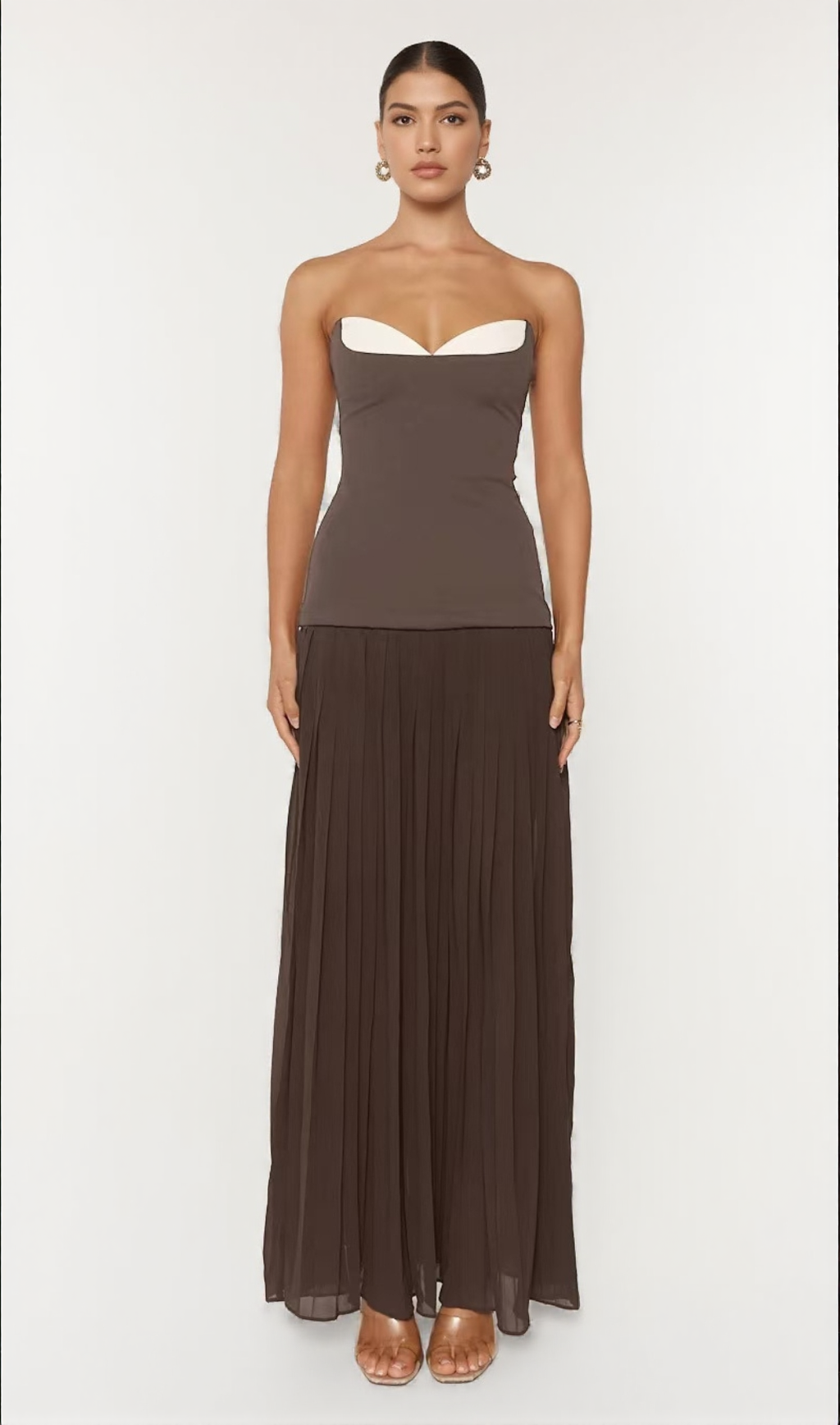 ELEGANTE TOP BUSTIER COLOR-BLOCK CON SCOLLO A CUORE E ABITO LUNGO PLISSETTATO