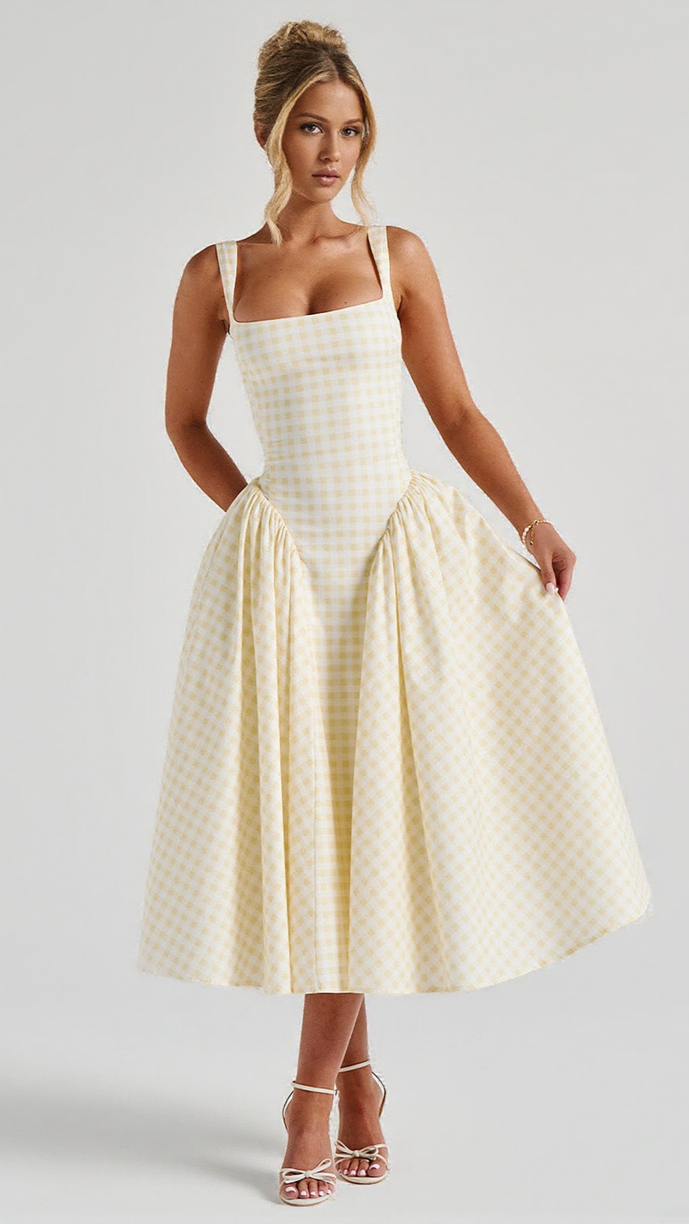 sherrie midi dress - LEMON GINGHAM neckline Adjustable strappy back Color:Glossy Capuccino old style Sheer Long Sleeve A-Line