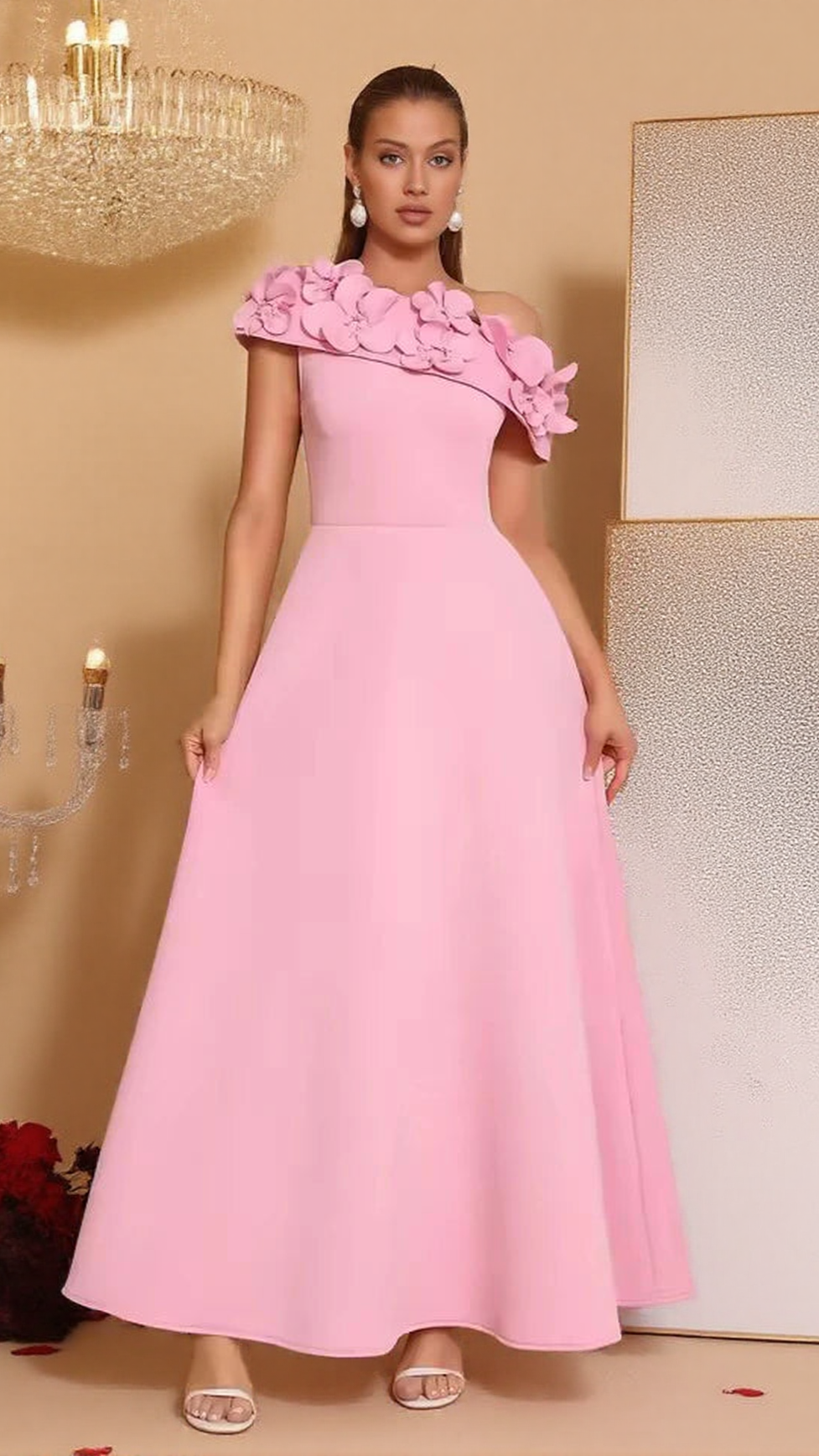 ABITO LUNGO CON COLLETTO INCLINATO CYNTHIA FLOWER ROSA