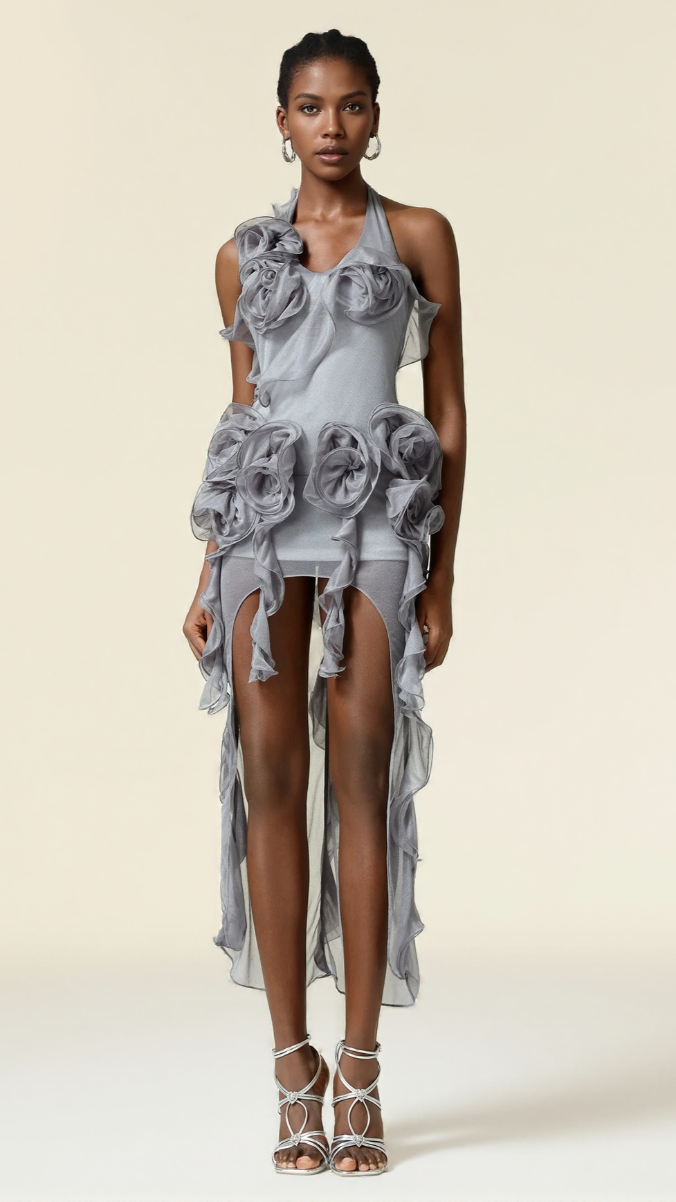 MELISSA GREY FLOWER ASYMMETRIC FOLDS STREAME MINI DRESS