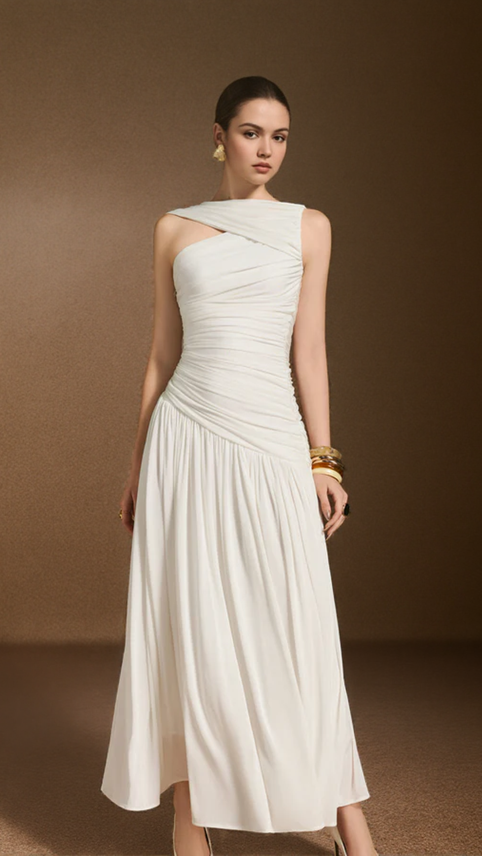 LEONA A-LINE ASYMMETRIC NECK SPANDEX ANKLE LENGTH DRESS