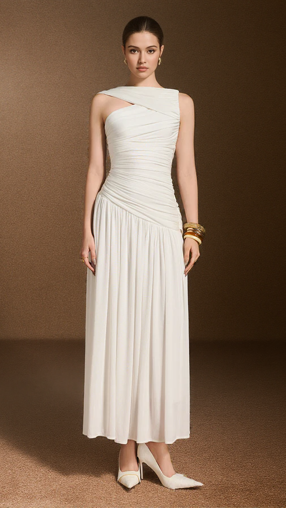 LEONA A-LINE ASYMMETRIC NECK SPANDEX ANKLE LENGTH DRESS