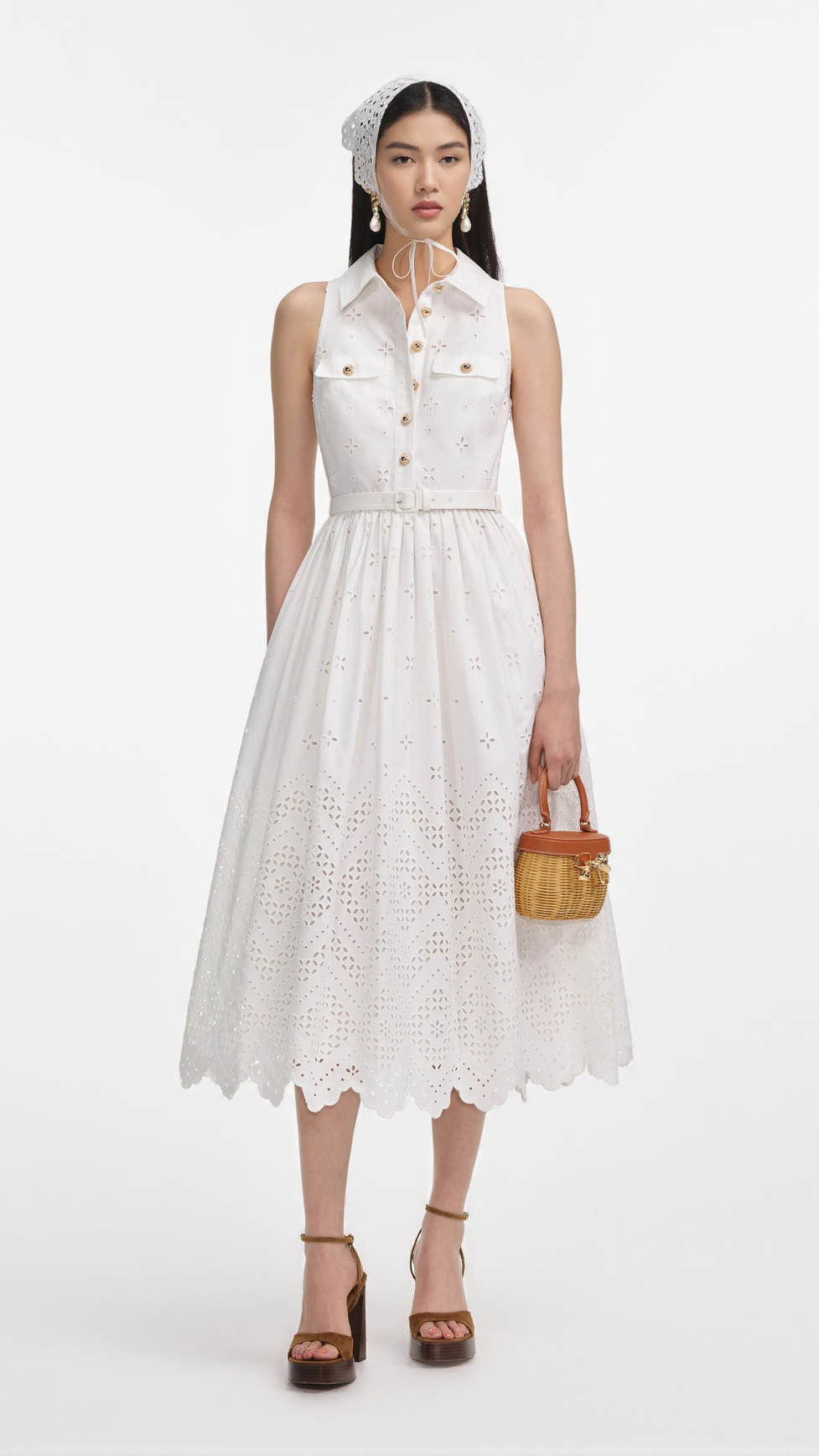 ELSIE WHITE COTTON BRODERIE COLLARED MIDI DRESS