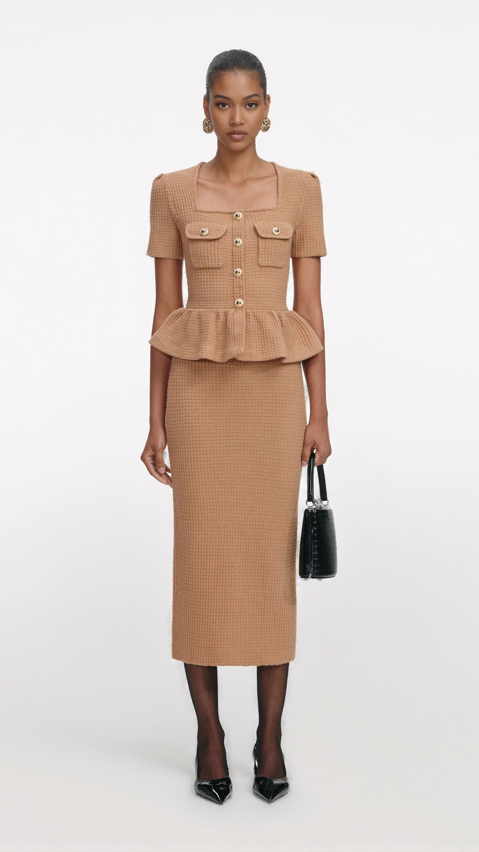 NATALIE CAMEL PEPLUM KNIT MIDI DRESS