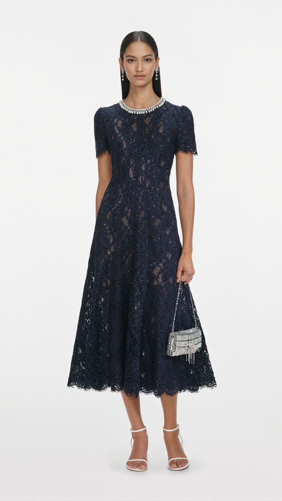 TESS NAVY LACE EMBELLISHED MIDI DRESS