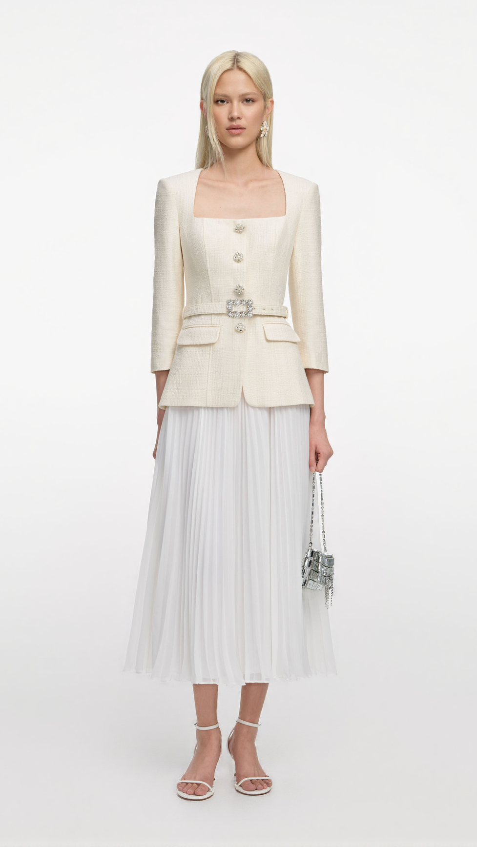 YURI CREAM BOUCLE LONG SLEEVE CHIFFON MIDI DRESS