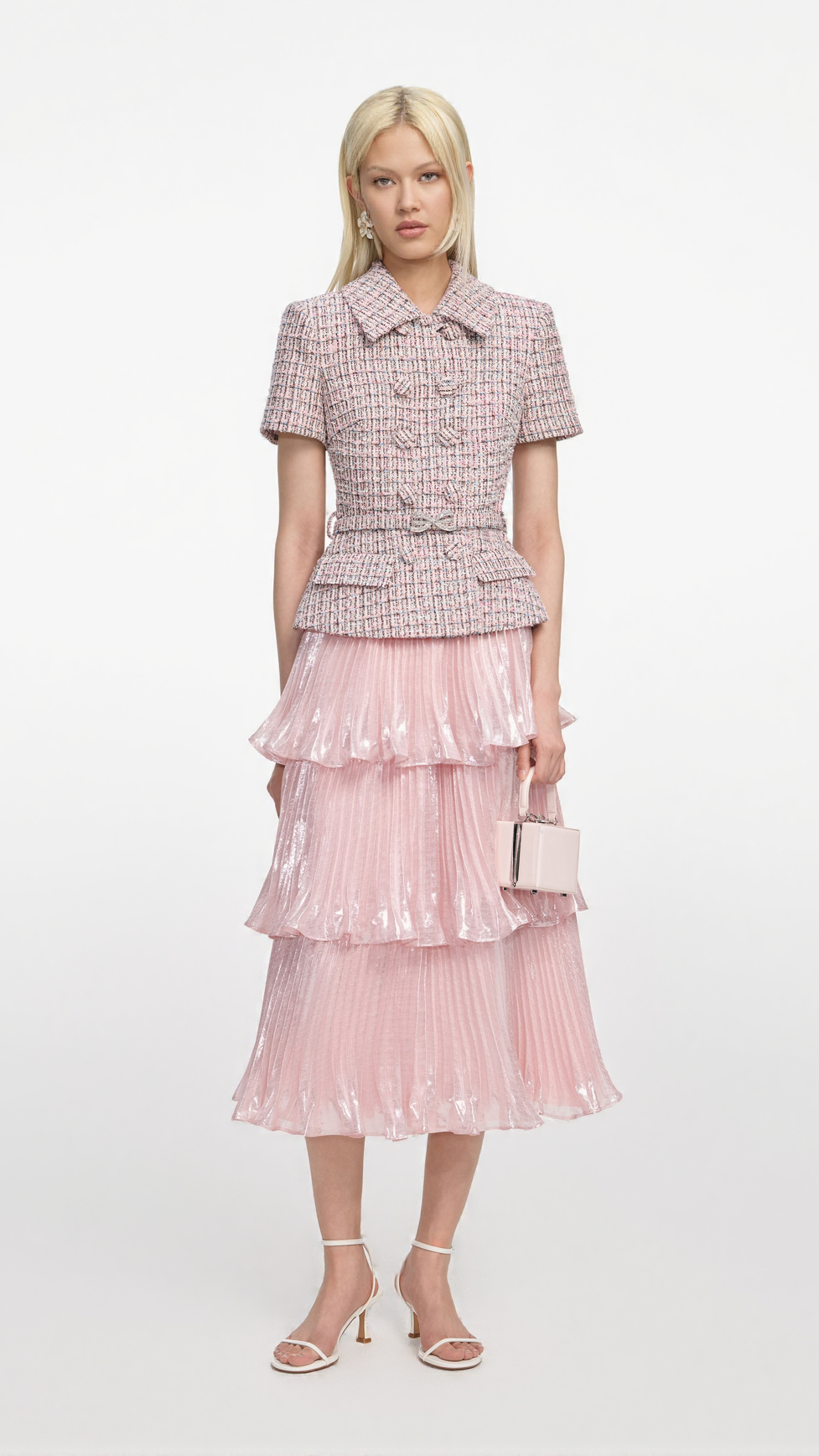BEULAH PINK BOUCLE METALLIC TIERED MIDI DRESS