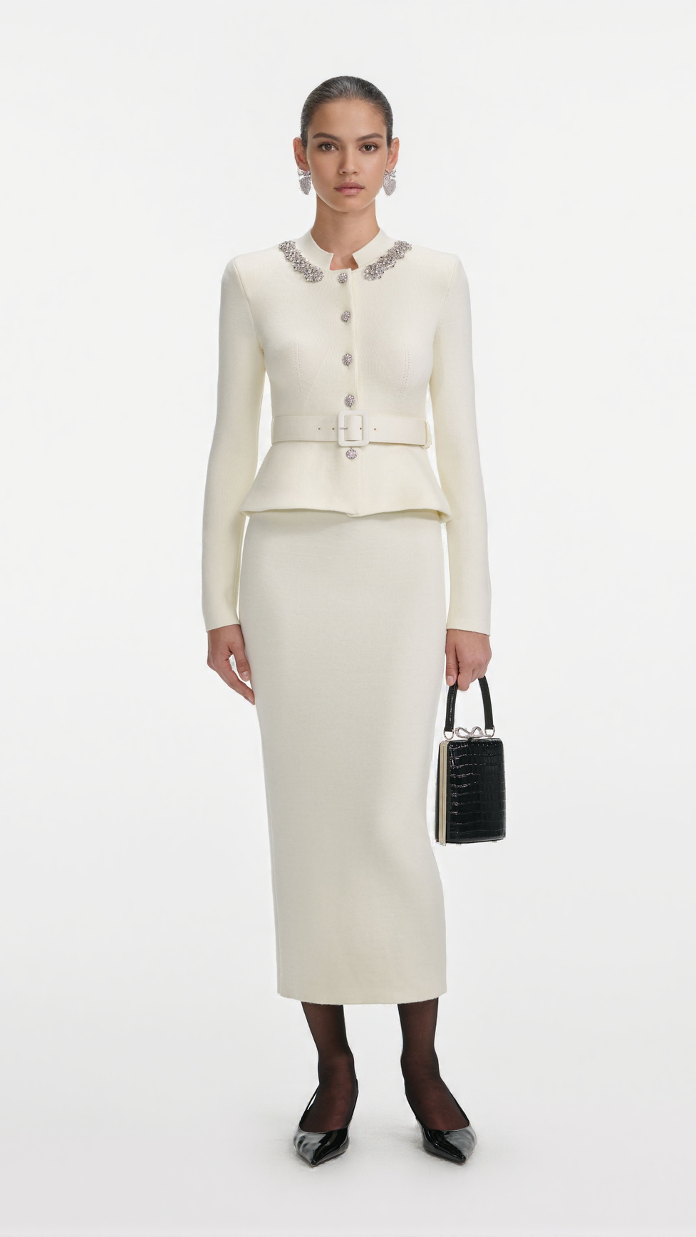 HARRIET CREAM WOOL PEPLUM KNIT MIDI DRESS