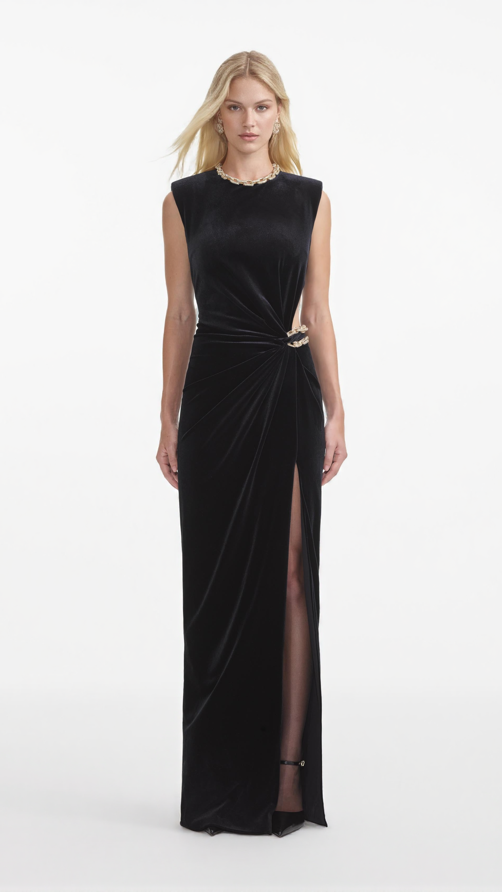 JOA BLACK VELVET EMBELLISHED MAXI DRESS