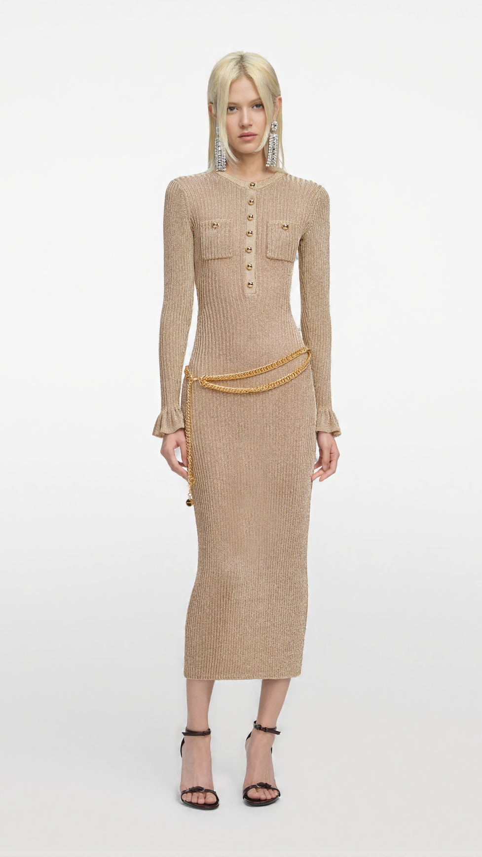 LAUREN GOLD LUREX RIBBED KNIT MIDI DRESS