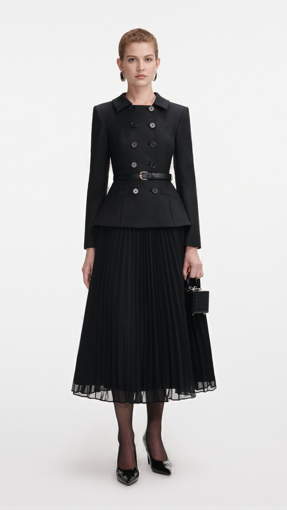 ROSALIND BLACK WOOL CREPE MIDI DRESS