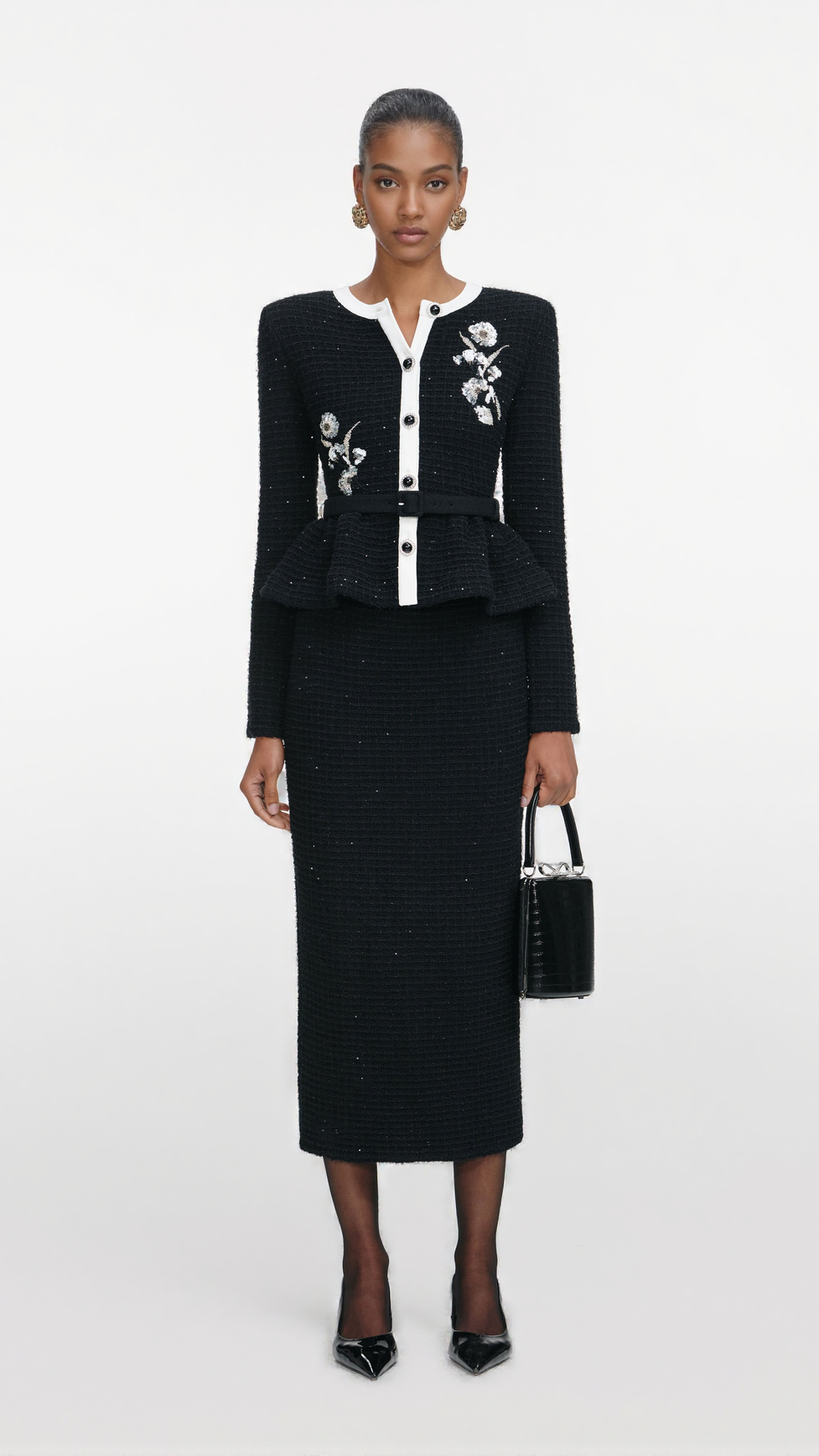 VICKY BLACK FLORAL TEXTURED KNIT MIDI DRESS