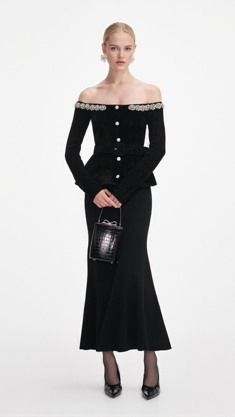 XAVIERA BLACK CHENILLE KNIT CRYSTAL TRIM MIDI DRESS