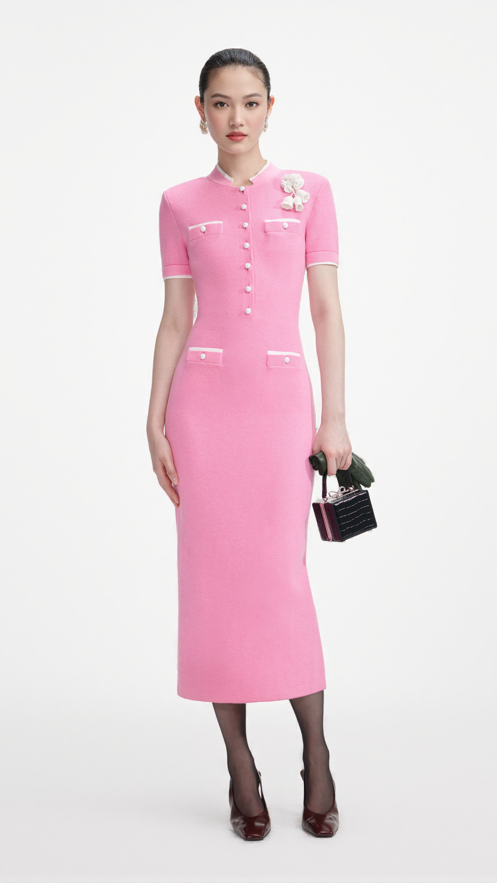 YVETTE PINK CROCHET FLOWER KNIT MIDI DRESS