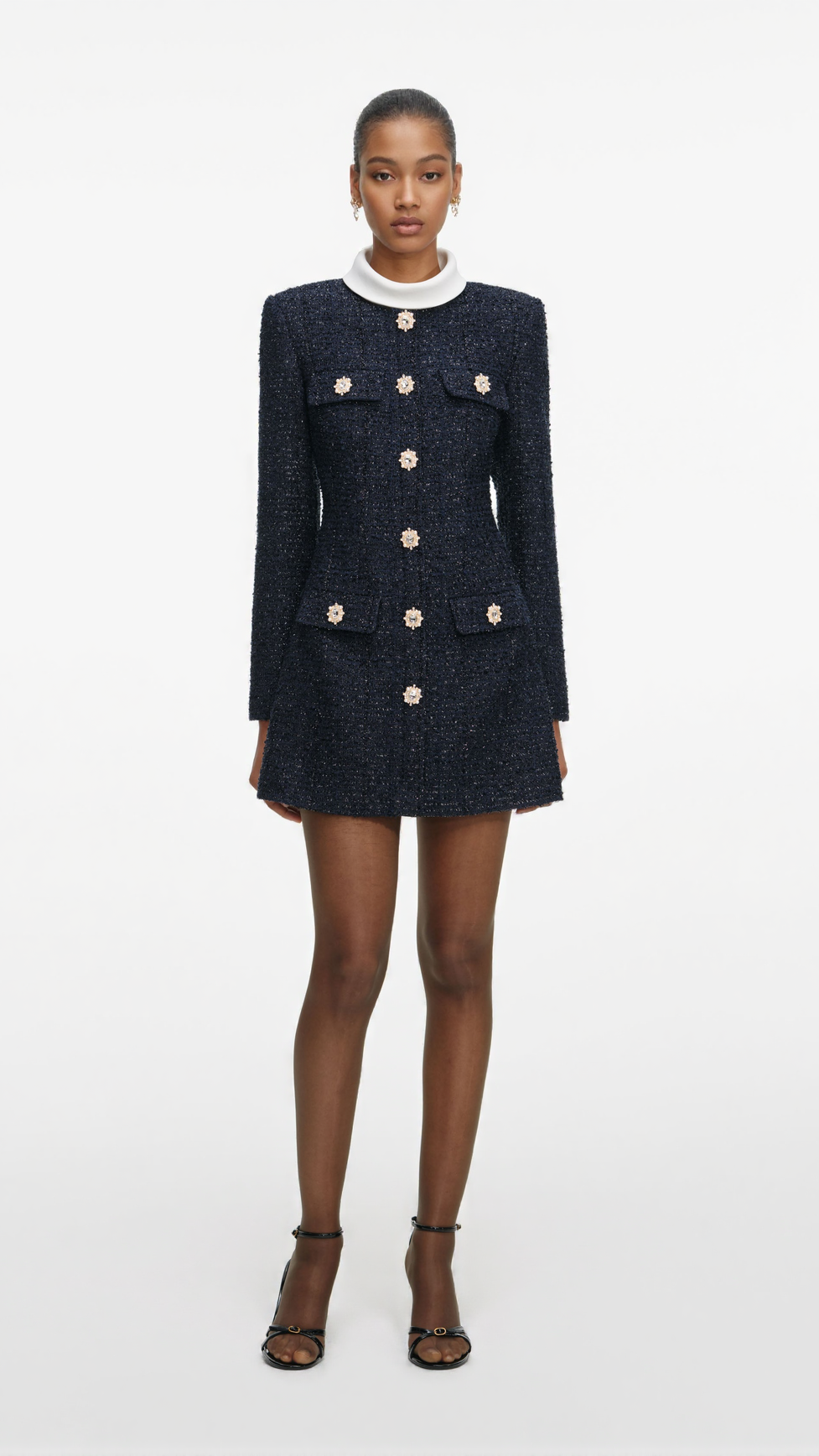 STACEY NAVY BOUCLE LONG SLEEVE MINI DRESS