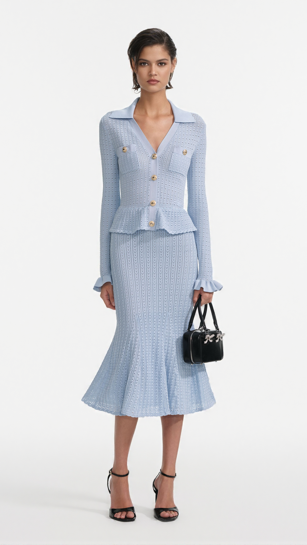 LILLIAN BLUE POINTELLE PEPLUM KNIT MIDI DRESS