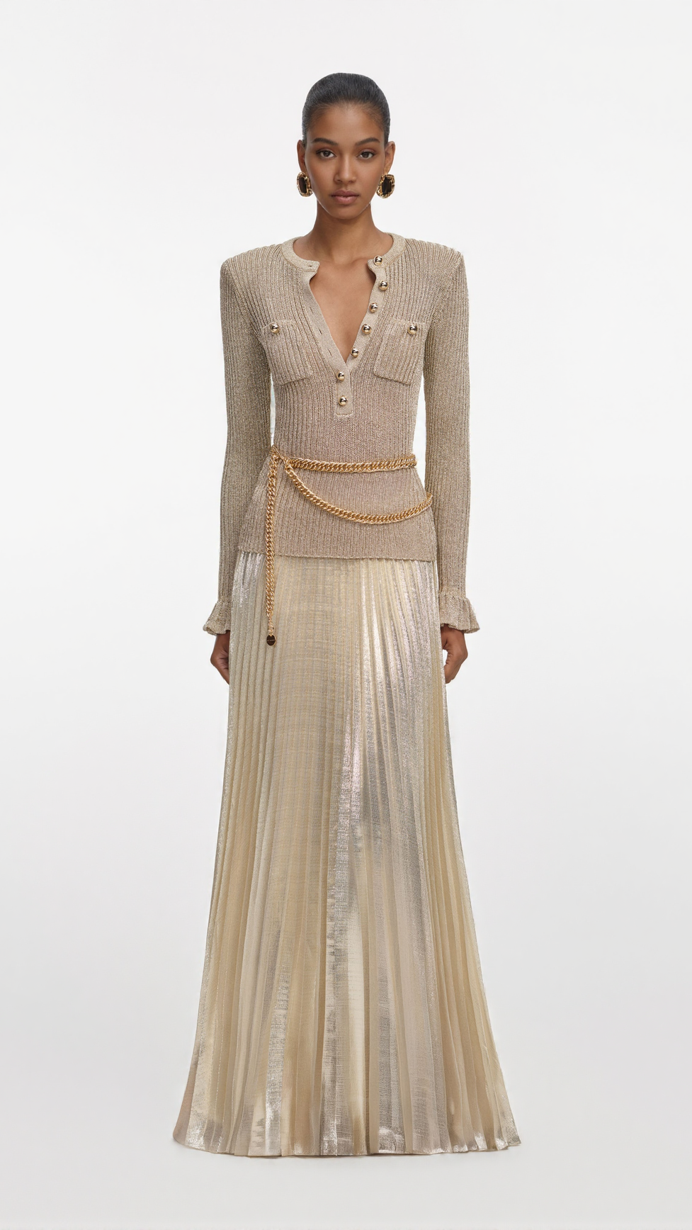 ELLEN GOLD LUREX RIBBED KNIT MAXI DRESS
