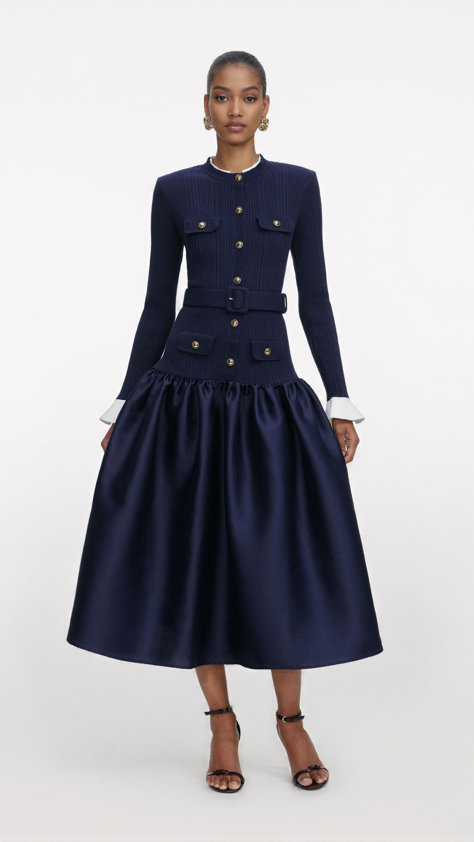 JANE NAVY KNIT TAFFETA MIDI DRESS