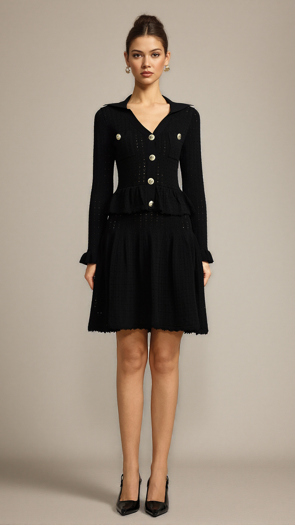 LEAF-EDGE PANELED V-NECK KNITTED MINI DRESS IN BLACK