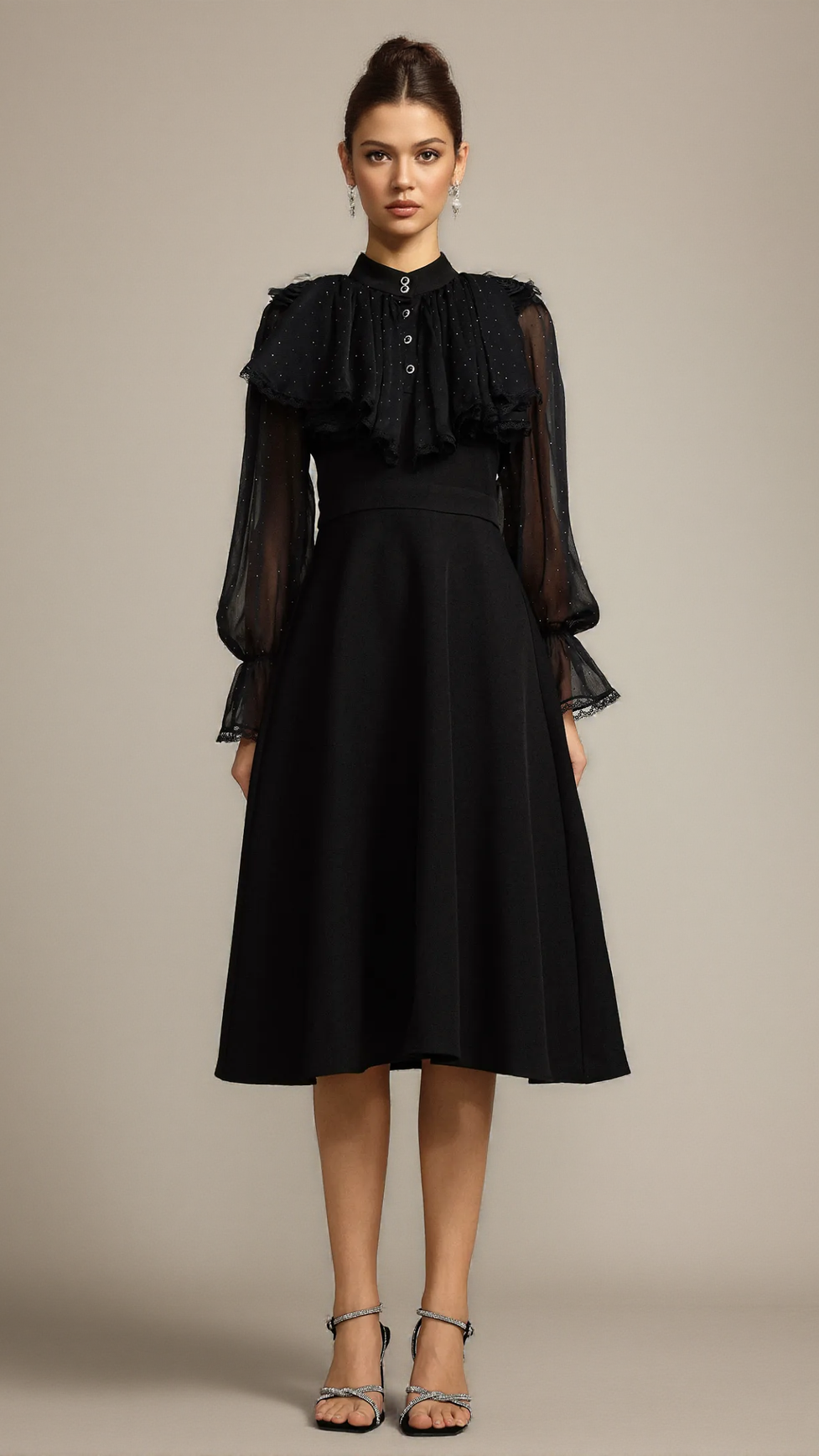 HELEN LONG SLEEVES DIAMOND ARTIFICIAL FEATHER BLACK TOP AND SKIRT TWO-PIECE SET