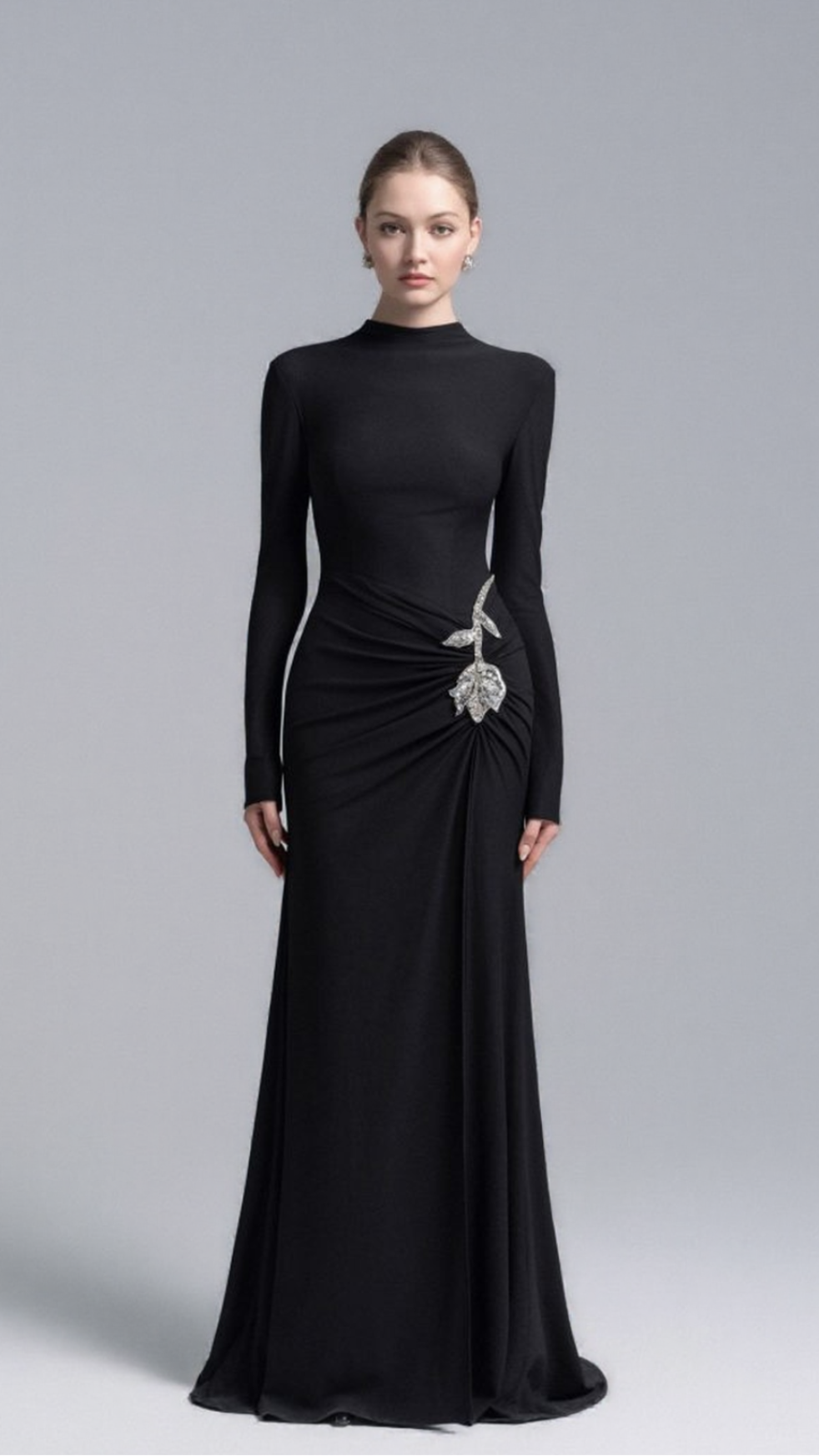 HEDWIG ROSE EMBELLISHED GATHERED SHEATH GOWN IN BLACK
