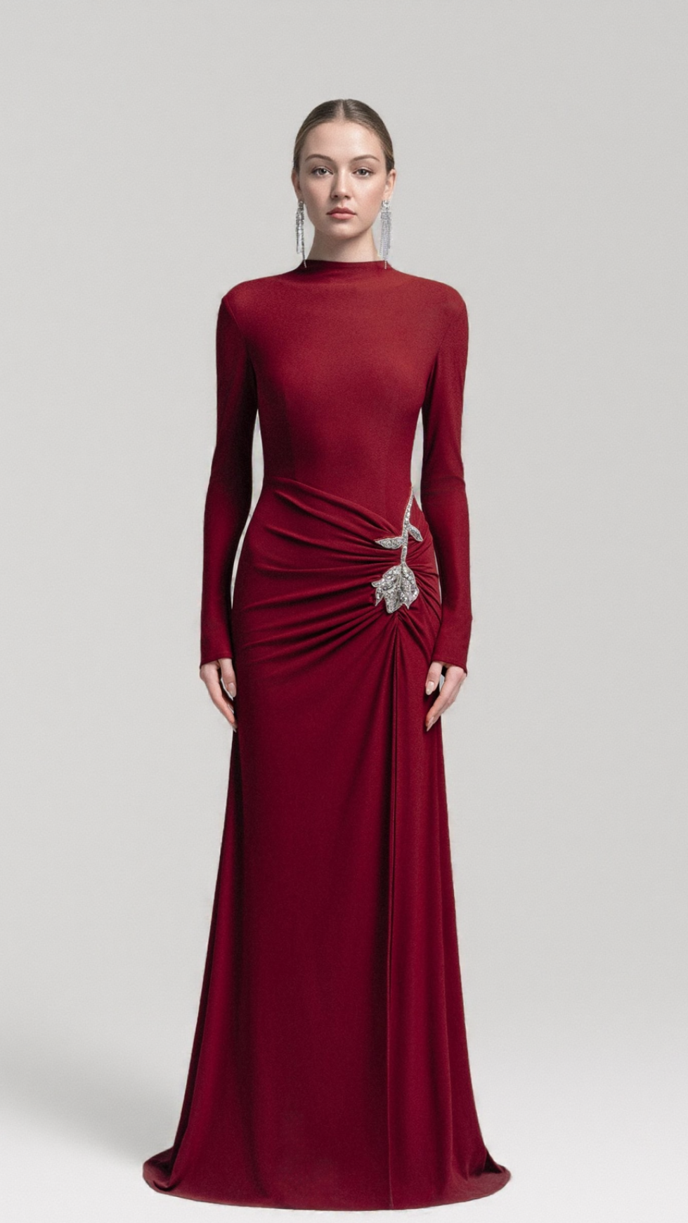 HEDWIG ROSE EMBELLISHED GATHERED SHEATH GOWN IN RED