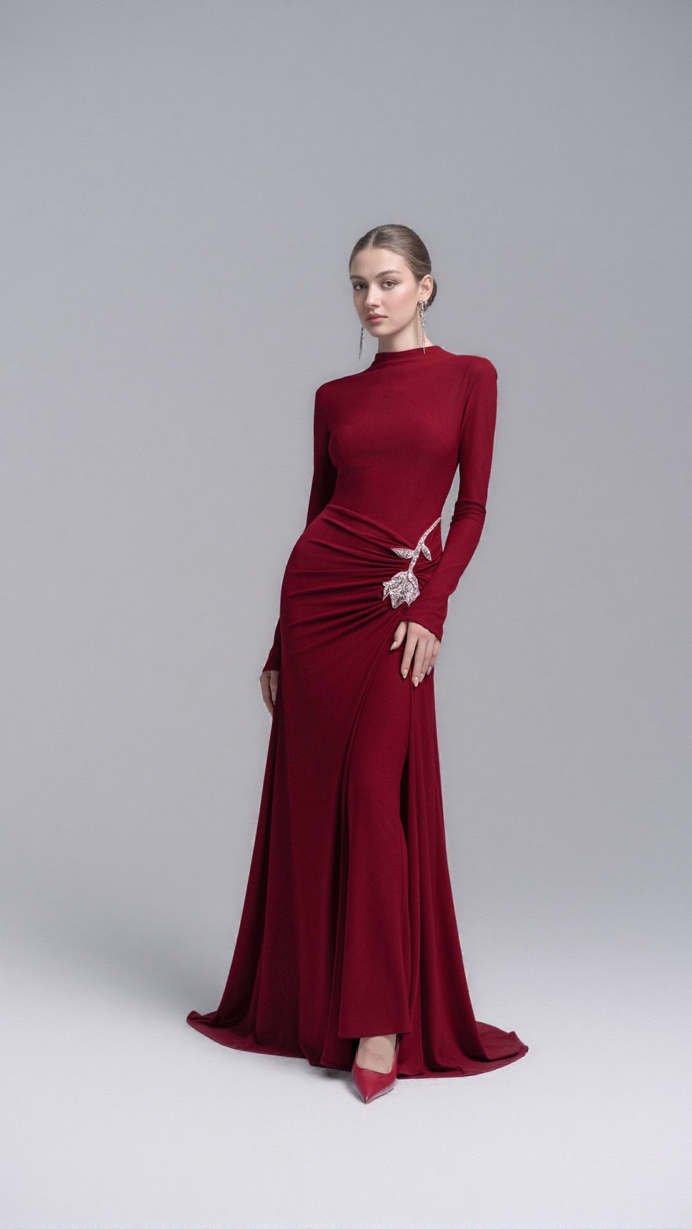 HEDWIG ROSE EMBELLISHED GATHERED SHEATH GOWN IN RED