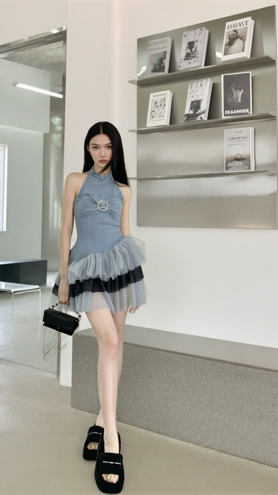 HALTERNECK DENIM MESH MINI DRESS IN BLUE