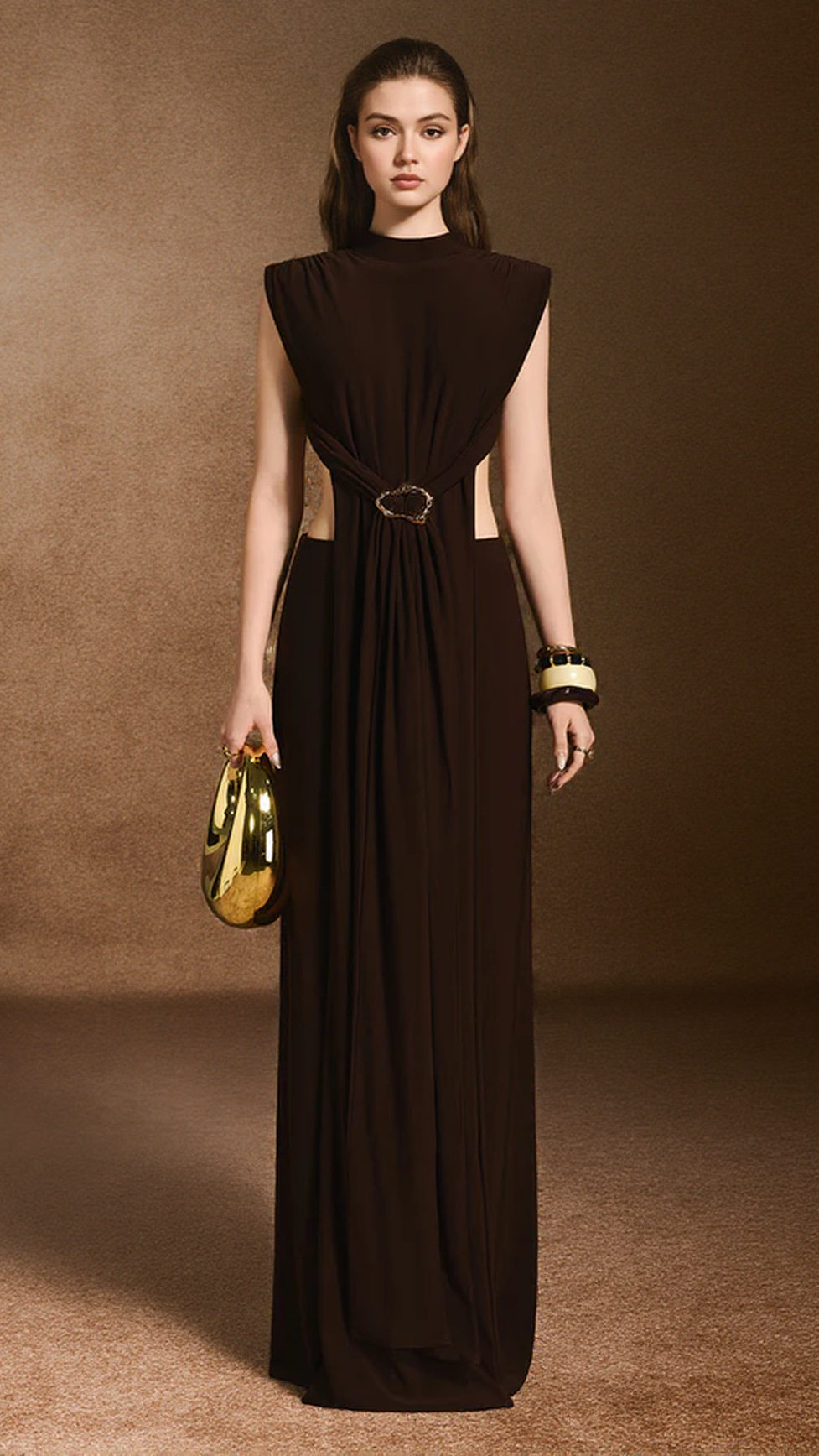 DAMLA SHEATH OPEN BACK SPANDEX MAXI DRESS IN DARK BROWN