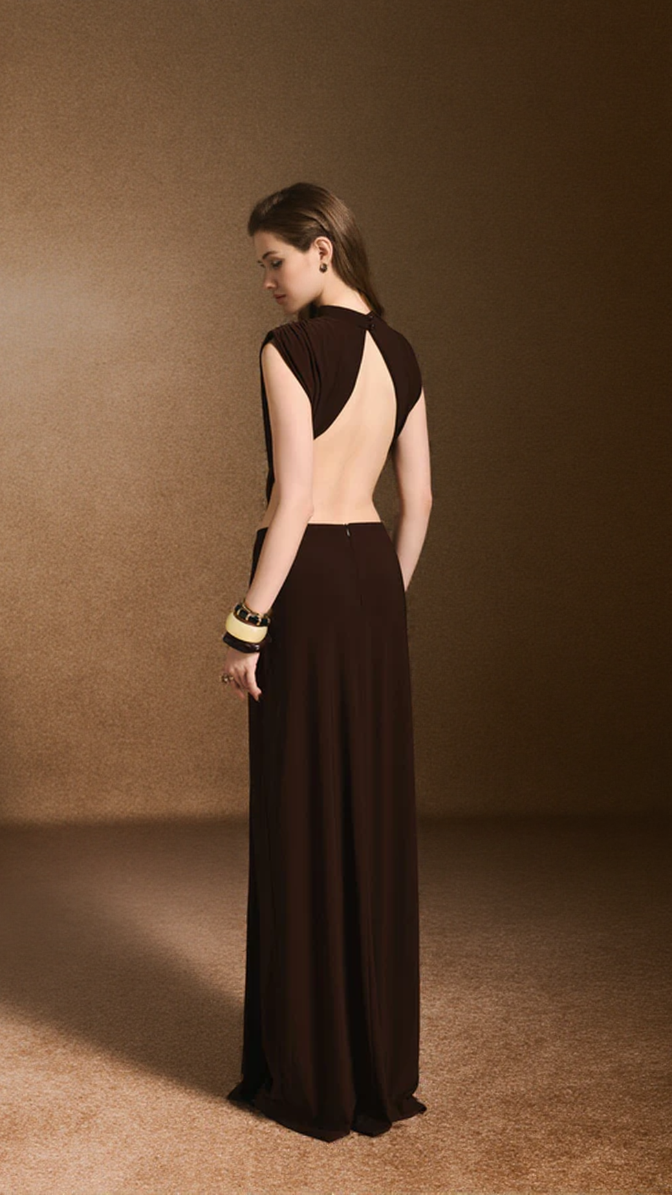 DAMLA SHEATH OPEN BACK SPANDEX MAXI DRESS IN DARK BROWN