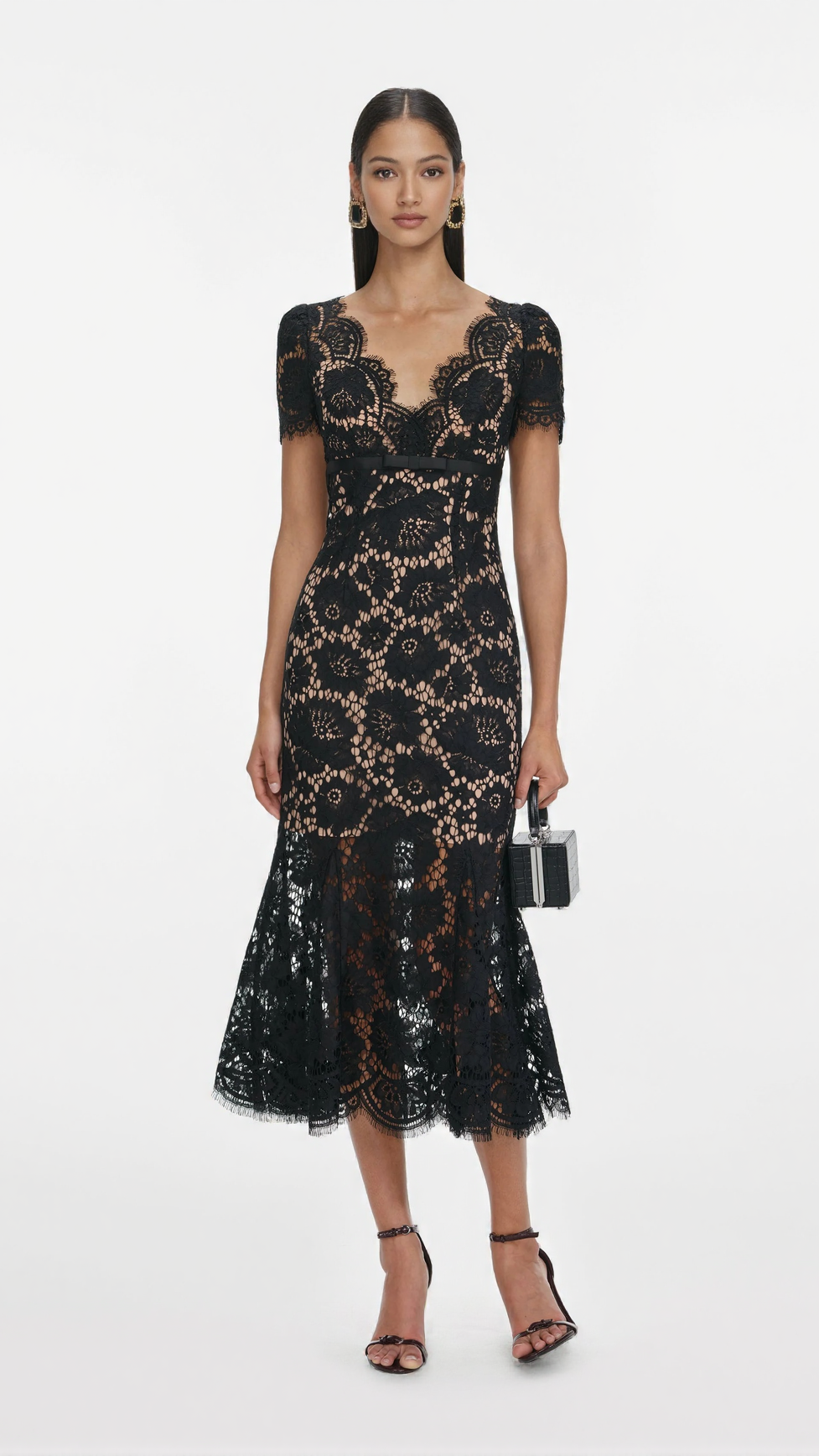 ASHLEY FLORAL LACE HOLLOW MIDI DRESS IN BLACK