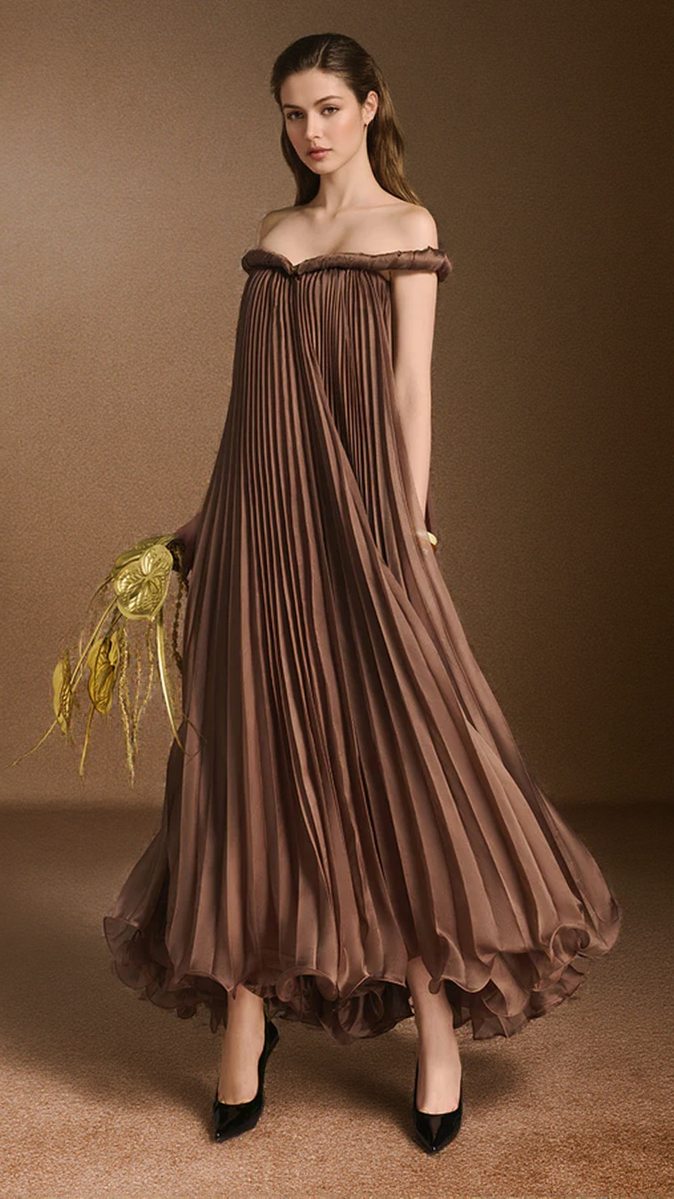 DONNA A-LINE OFF-SHOULDER SILK ORGANZA MAXI DRESS IN BROWN