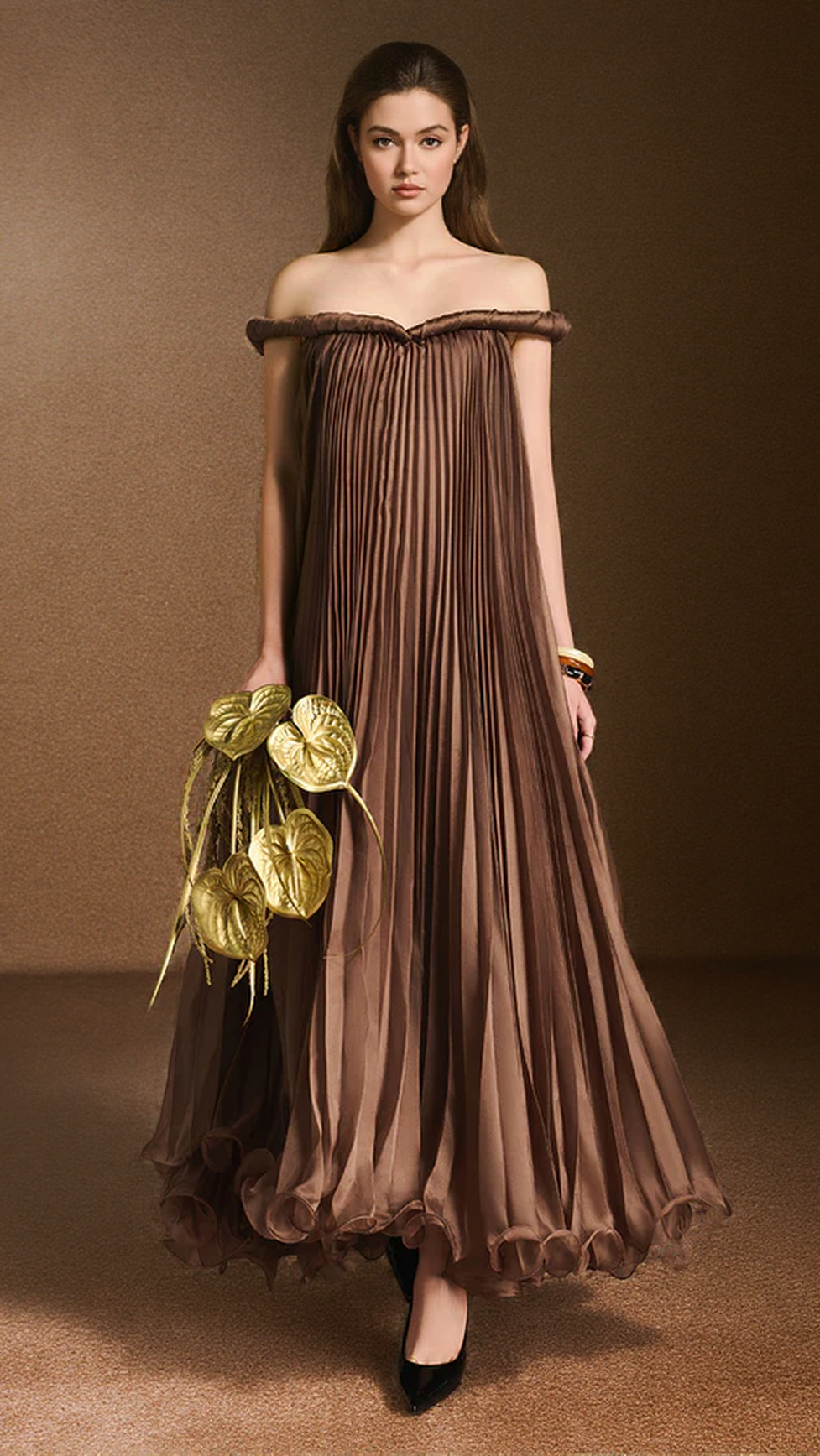 DONNA A-LINE OFF-SHOULDER SILK ORGANZA MAXI DRESS IN BROWN