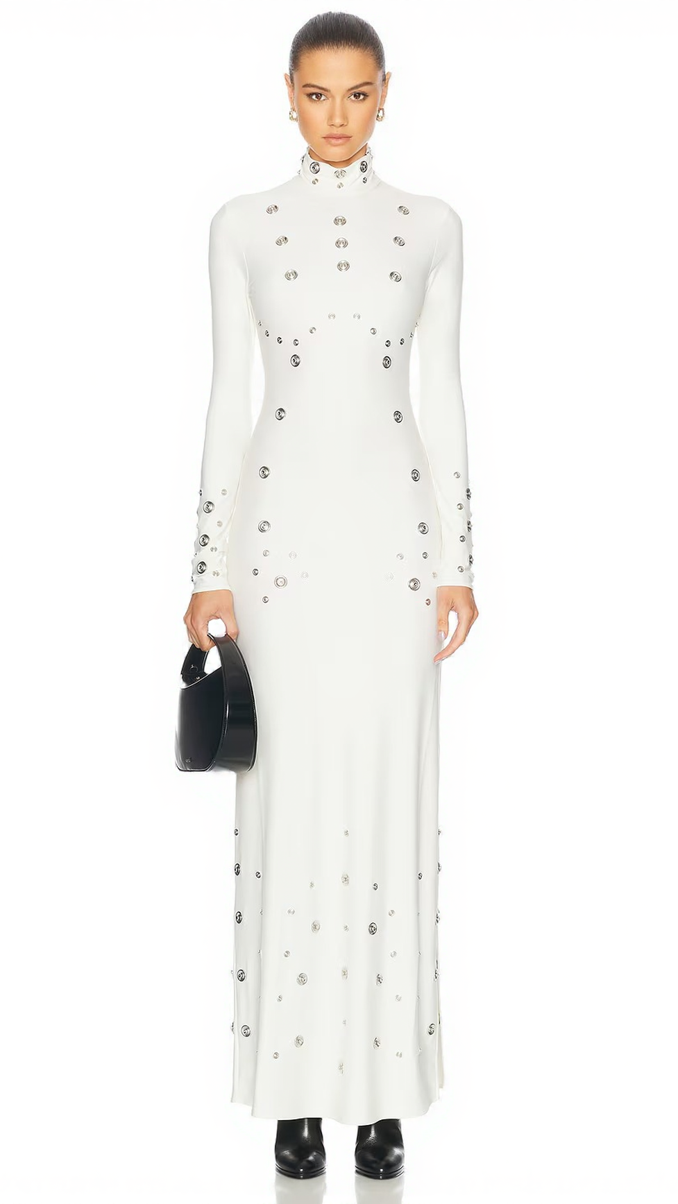 ISHANA WHITE EMBELLISHED MOCK NECK MAXI GOWN - LONG SLEEVE FORMAL DRESS