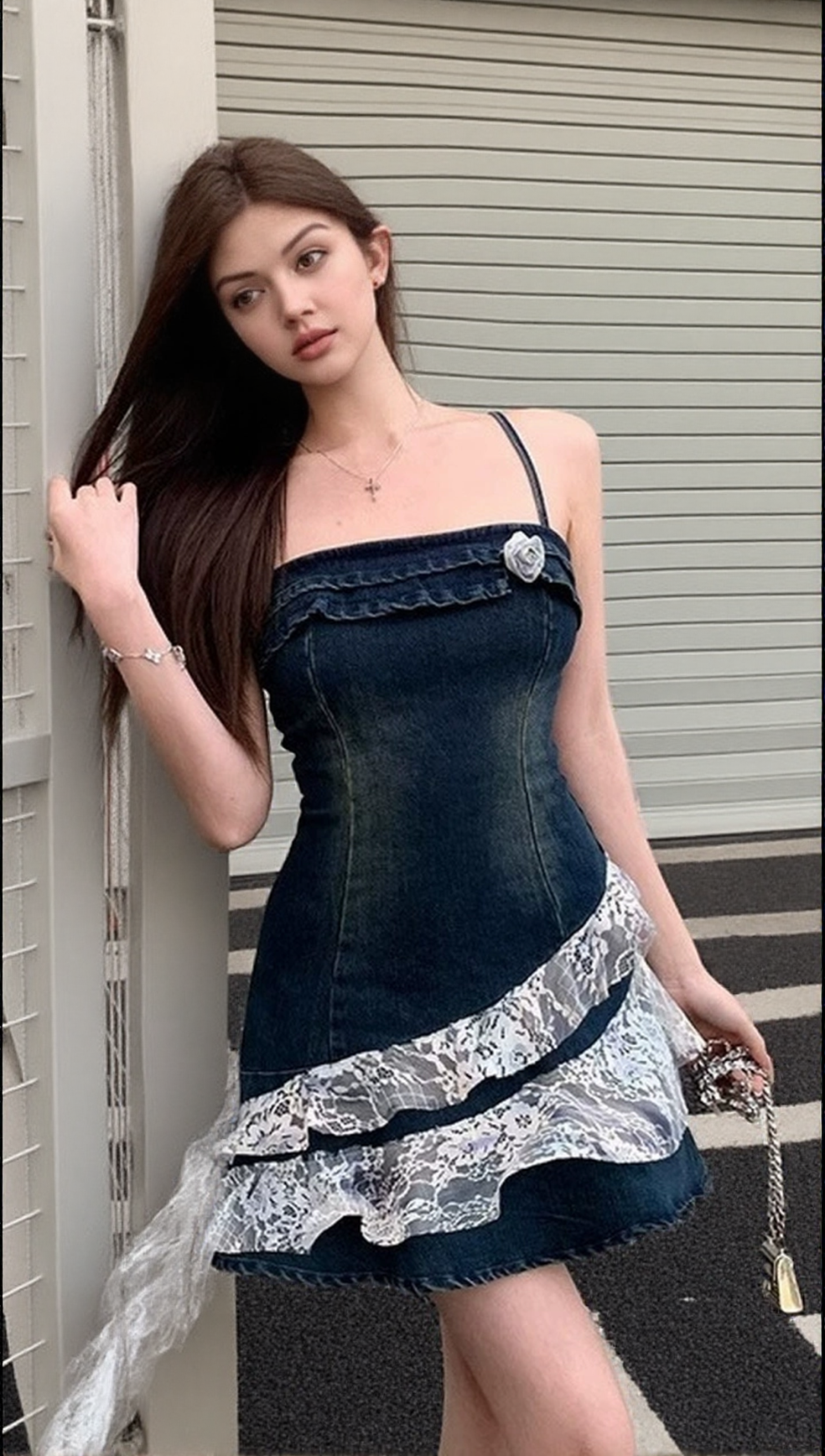 IRREGULAR LACE PATCHWORK DENIM STRAPPY MINI DRESS