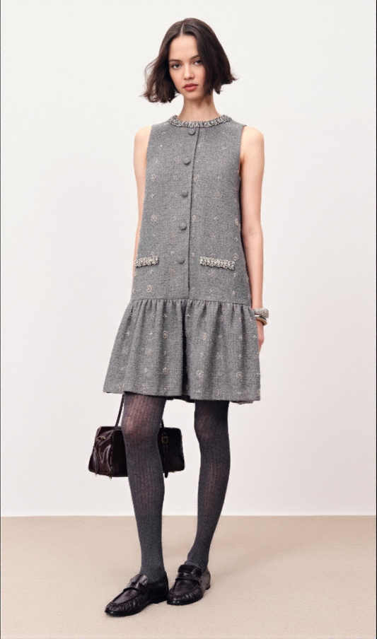 AIIZIE HASANA SPARKLING GREY TWEED SLEEVELESS MINI DRESS WITH CRYSTAL EMBELLISHMENTS - product image