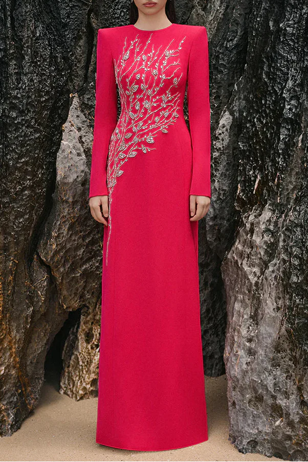 Red Padded Shoulder Crystal Embellished Maxi Dress