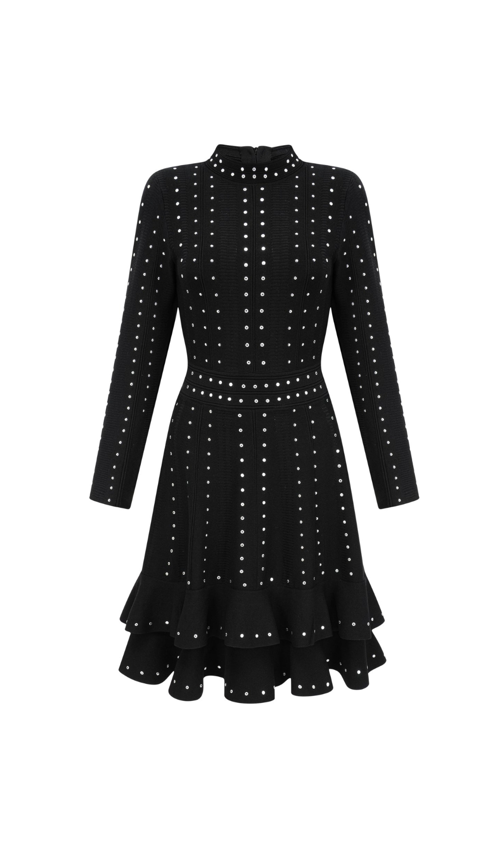 FABIENNE BLACK EMBELLISHED RUFFLED KNITTED MINI DRESS