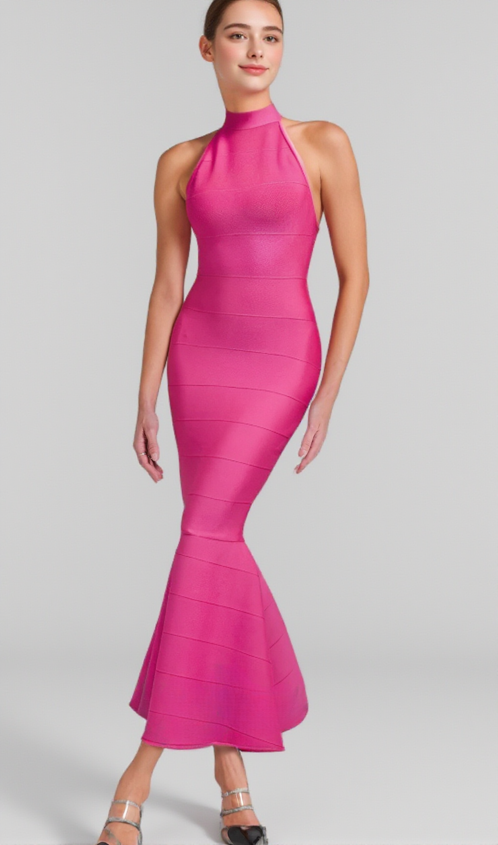 HALTER MAXI BANDAGE FISHTAIL DRESS IN PINK