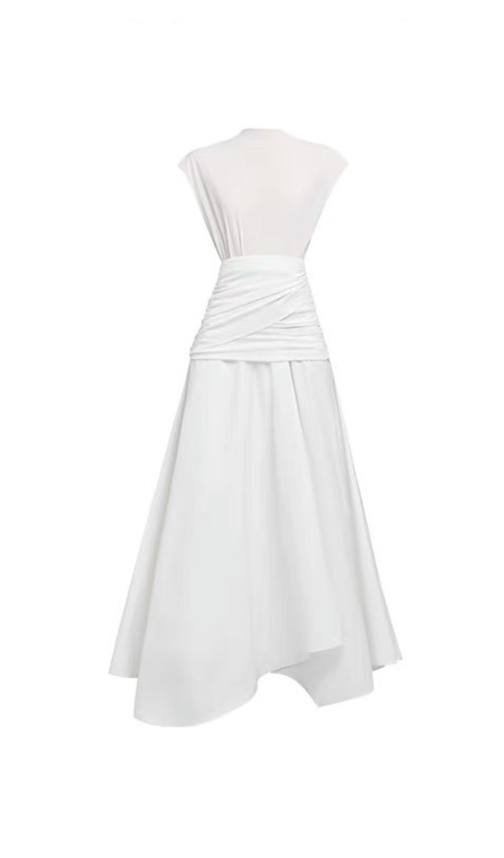 ABITO MIDI BIANCO CON PIEGHE INCROCIATE IN VITA E ORLO ASIMMETRICO