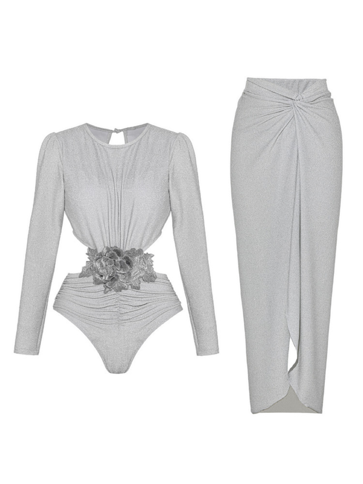 COSTUME DA BAGNO A MANICHE LUNGHE CON FIORI COMPLETO DI DUE PEZZI