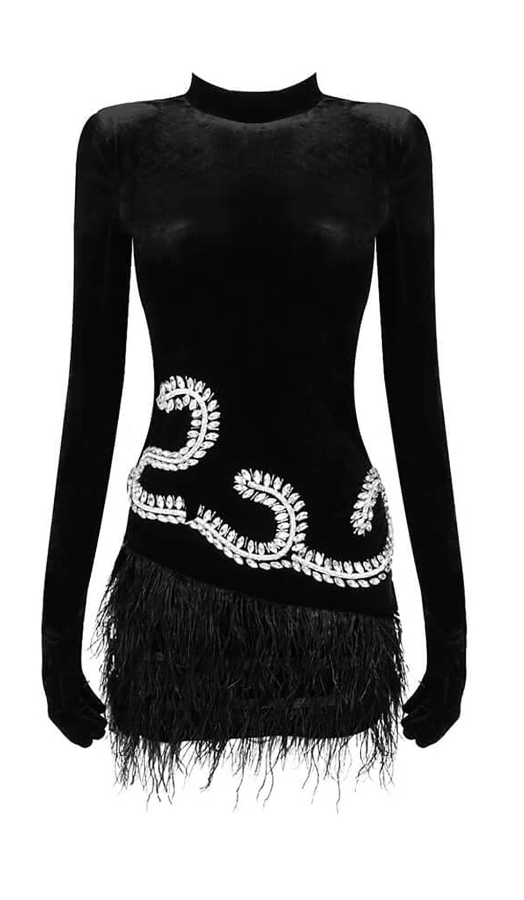 EMBELLISHED VELVET FEATHER MINI DRESS IN BLACK
