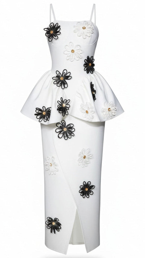 BLOOM IN ELEGANCE: HADA WHITE FLORAL PEPLOM MIDI DRESS WITH 3D EMBELLISHMENTS