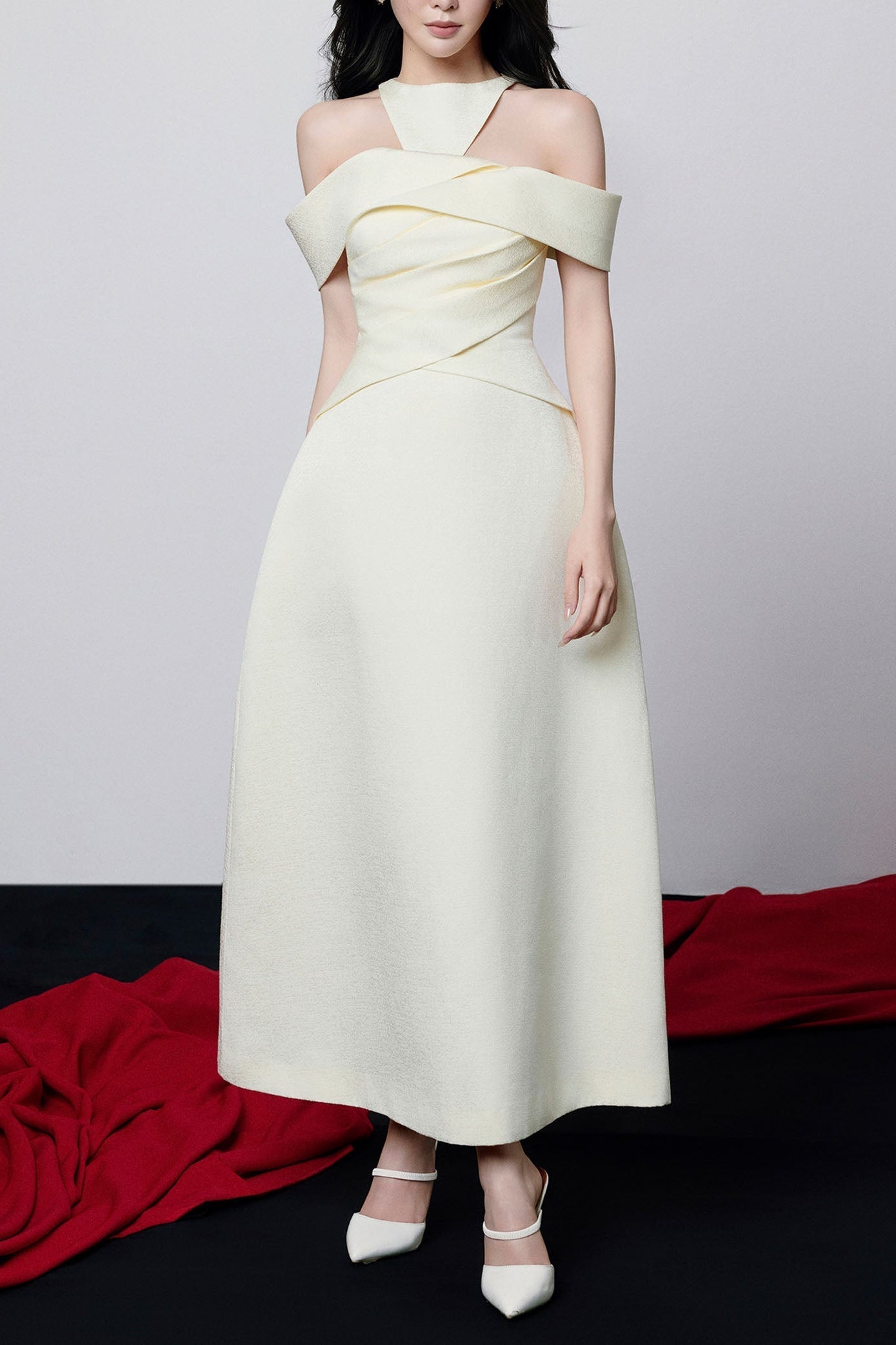 aaliyah Off-Shoulder Draped halter Midi Dress in apricot